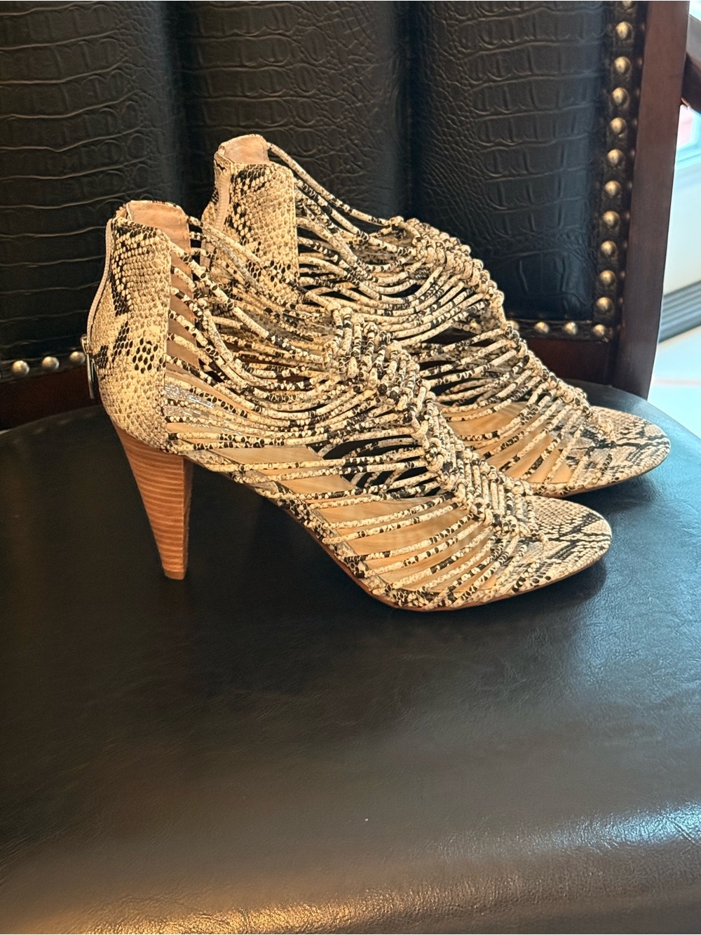 Vince Camuto Black and Cream Woven Snake-Print Heeled Sandals